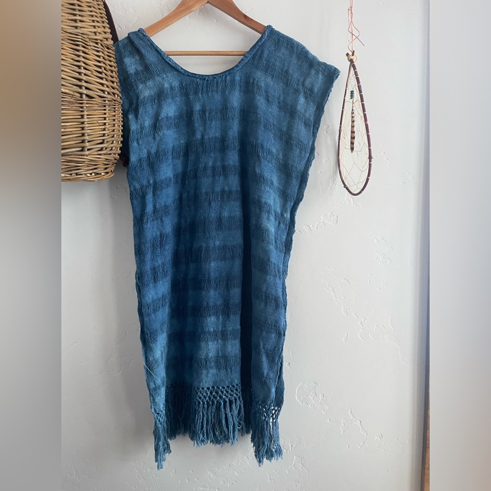 Primitive tribal Craft Cotton  fringe Kaftan naturally dyed with Indigo